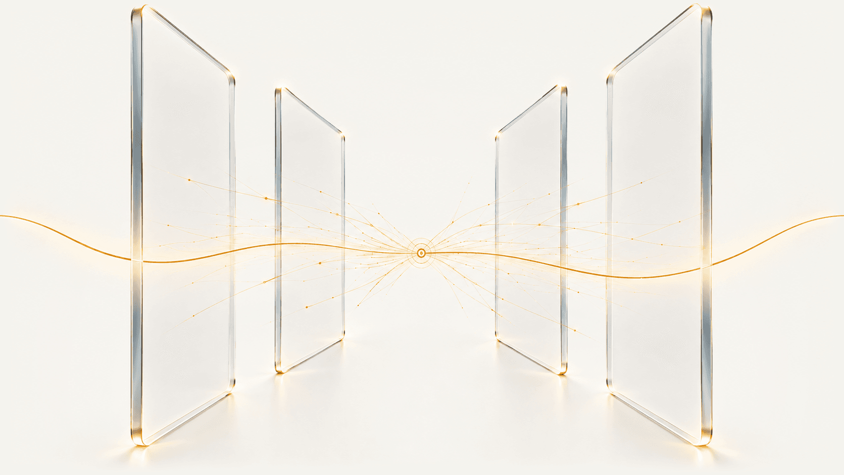 Abstrakte Visualisierung von PriniQX Core: vier transluzente Ebenen, verbunden durch eine goldene Signallinie mit zentralem Knotenpunkt