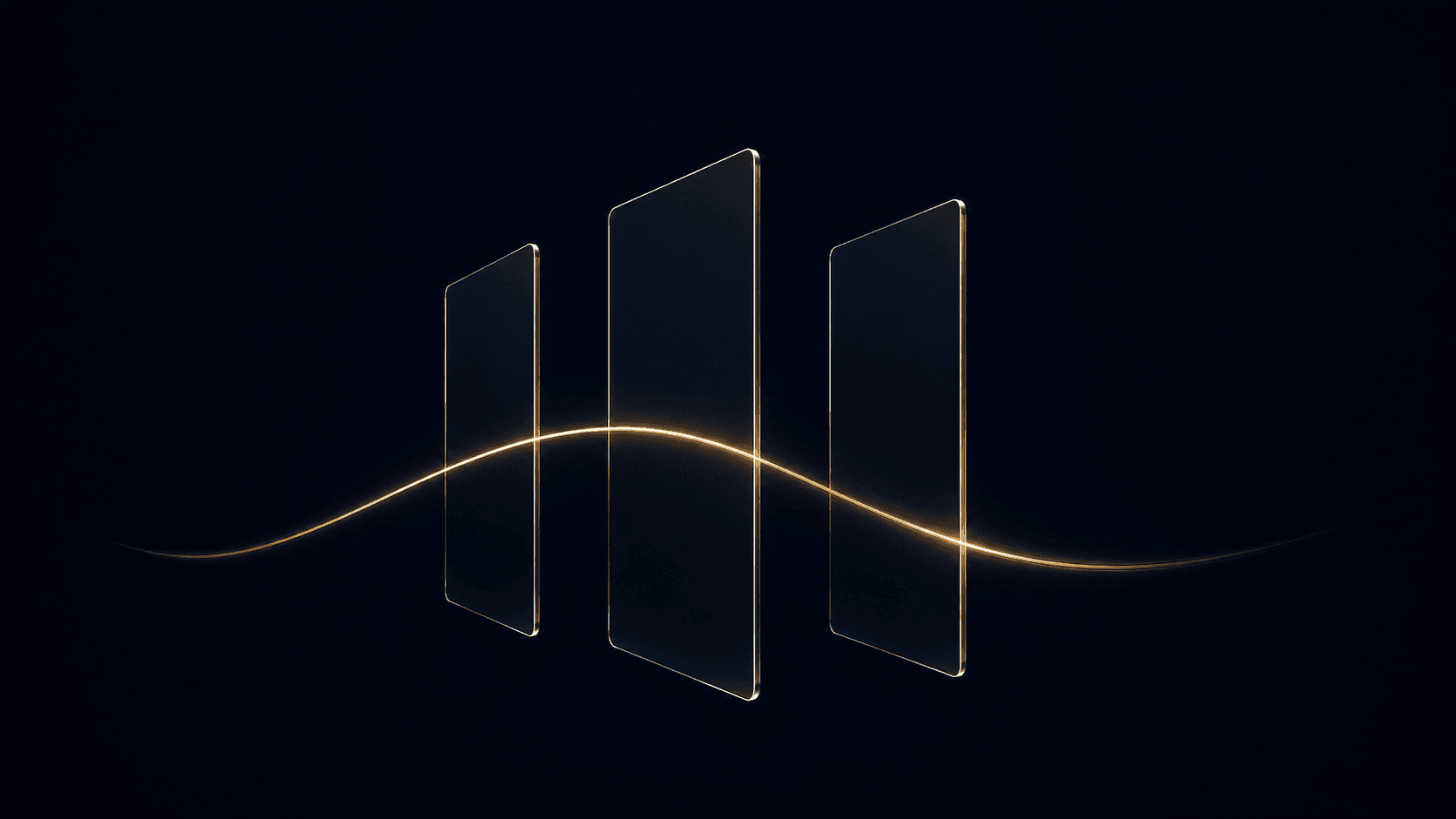 Abstrakte Visualisierung von Enterprise Context: drei verbundene, transluzente Ebenen, verbunden durch eine goldene Signallinie, vor dunklem Hintergrund