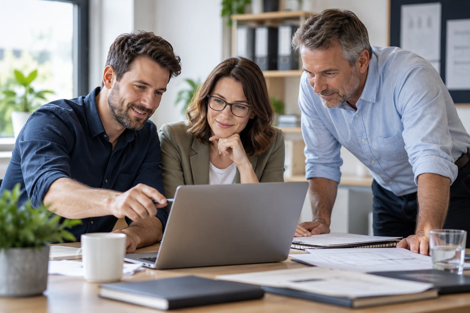 Drei Personen besprechen gemeinsam Unternehmensinformationen an einem Laptop.